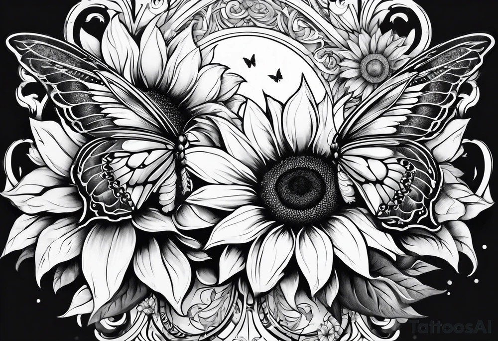Sleeve with angel wings, sunflower and butterfly tattoo idea