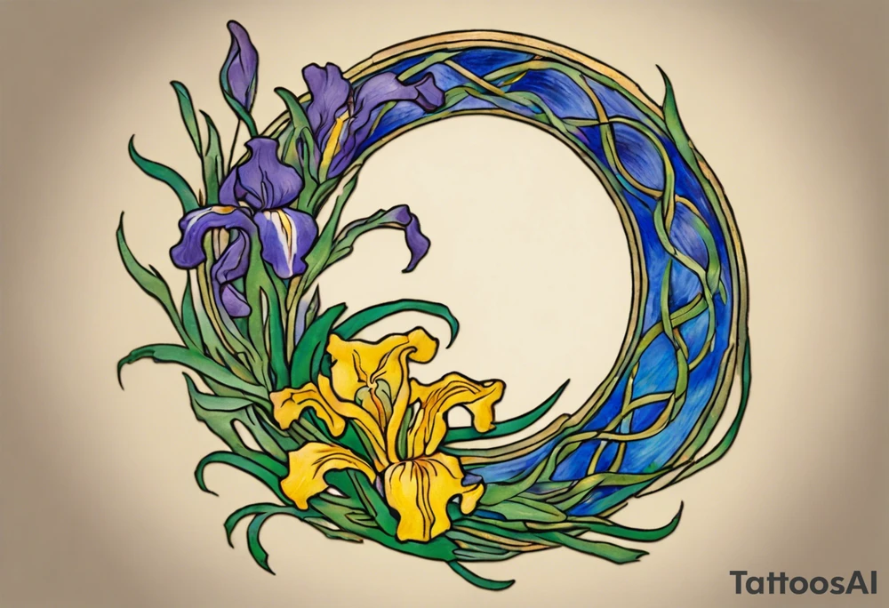 Create a small colorful Vincent van Gogh Irises tattoo in the form of a crescent, with vines or Celtic knots gracefully intertwining at a central point in the middle of the wreath.  In the middle of the wreath are mountains and other items found in New Mexico. Ensure that the design avoids the appearance of a bush and maintains a more structured and deliberate arrangement. The intended placement is on the upper chest. The overall design should be small in size while maintaining a delicate and artistic aesthetic. Pay attention to the graceful flow of the vines and the placement of the irises to achieve a refined and elegant look. tattoo idea