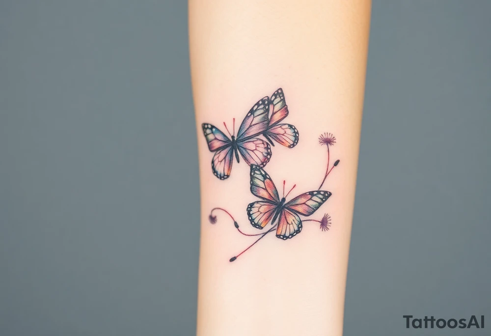 ethereal butterflies with flowing silk ribbons with vines of dandelions tattoo idea