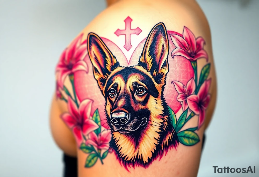 realistic german shepherd with alert ears looking protective surrounded by pink lilies with leaves in front of a sacred heart tattoo idea
