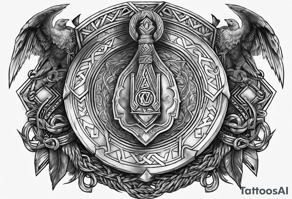 Valhalla sword round shield axe Valknut steps fire chains tattoo idea Valhalla sword round shield axe Valknut steps fire chains tattoo idea