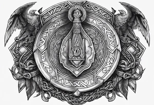 Valhalla sword round shield axe Valknut steps fire chains tattoo idea