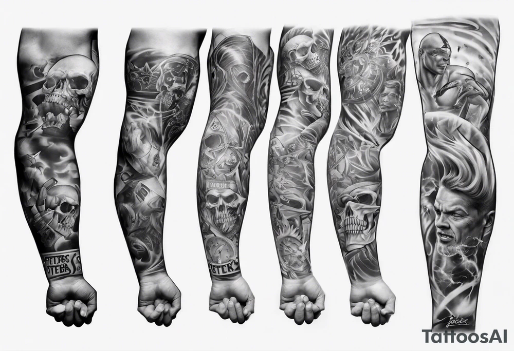 men’s arm sleeve, the name Peters, jack of all trades tattoo idea