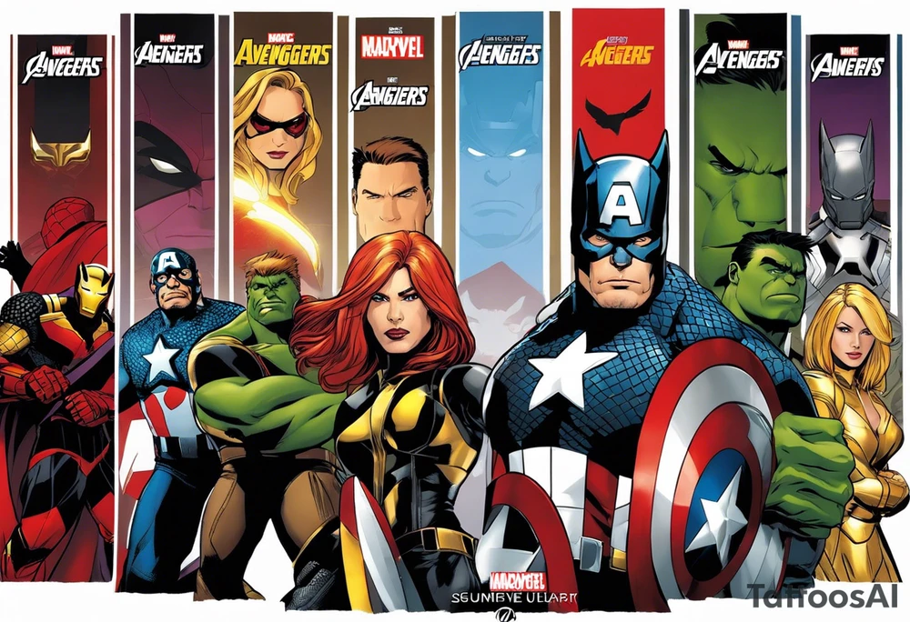 I want to change Avengers Team characters with animals. Hulk will be represented by a Badger.
Thor will be depicted as an Alpha Grey Wolf.
Captain America will be symbolized by a Bull.
Iron Man's character will be embodied by a Canary.
Black Widow's role will be portrayed by an Axolotl.
Hawkeye will be depicted as a Sudan Plated Lizard.
Nick Fury will be represented by a Cat. tattoo idea