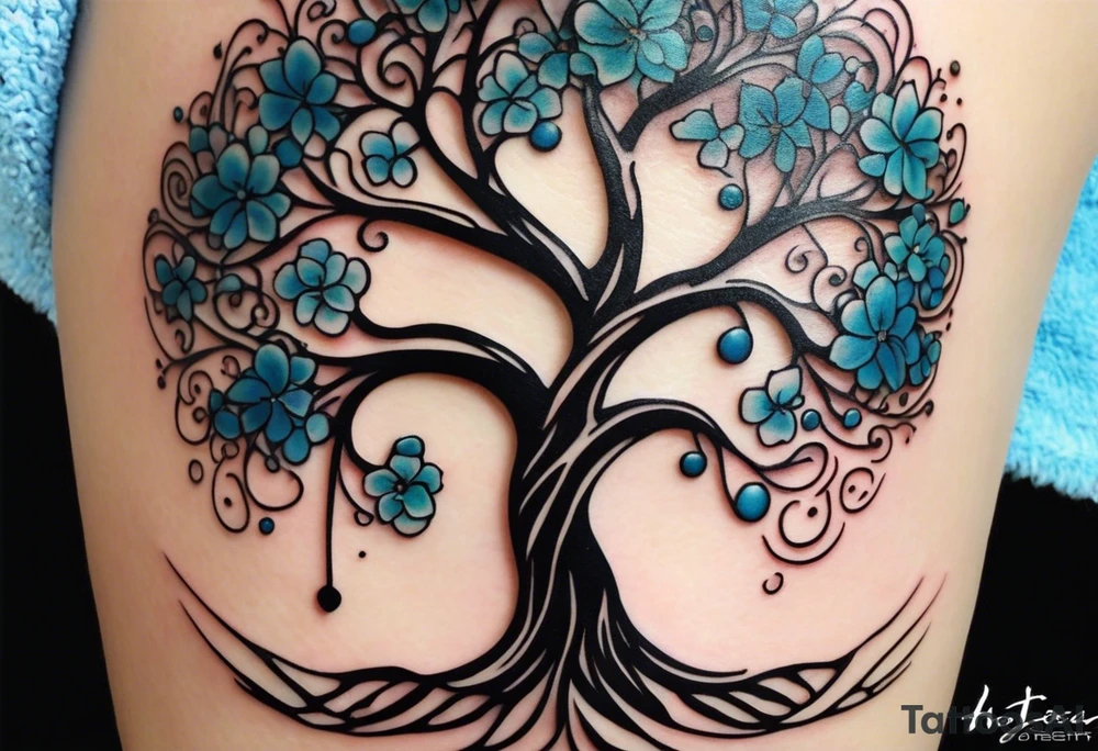 an abstract Tree of Life tattoo. It should have roots growing out of the bottom. The roots slowly turn into water from the Great Wave by Hokusai. A golf flag should be placed discreetly growing out of the ground. 2 license plate tags should be hanging from the tree. Place a few music notes in the areas the leaves should be. The letters A U should be engraved into the tree trunk in a heart. tattoo idea