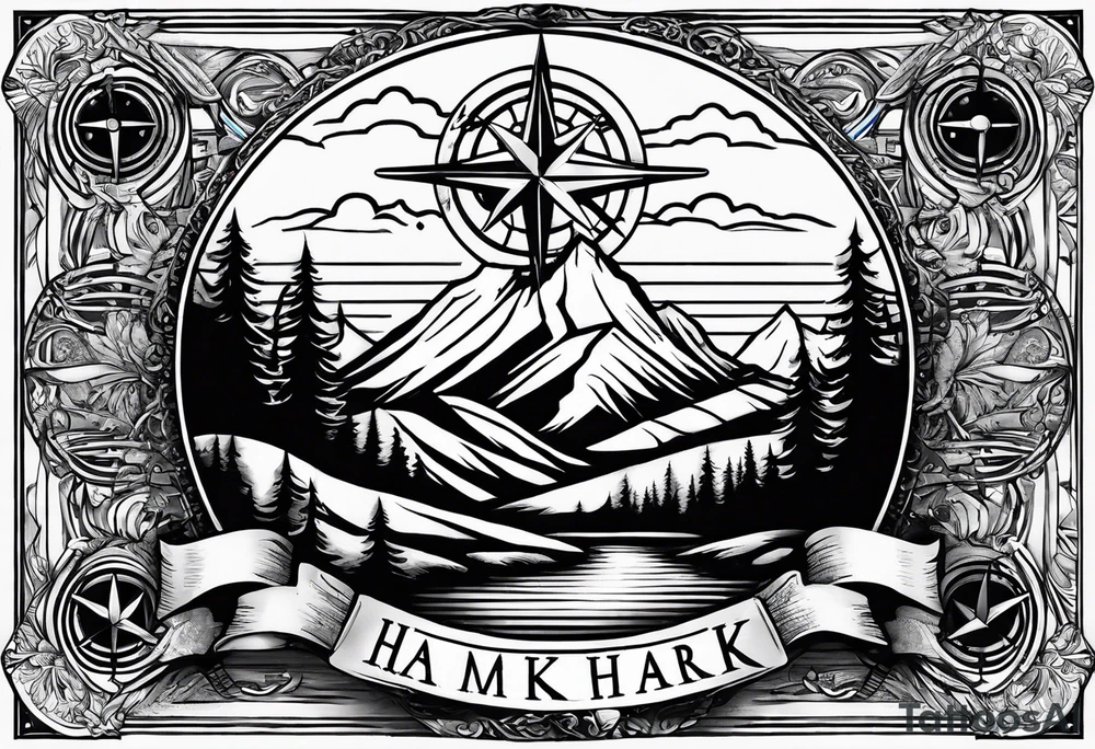 The word "HARK" as a banner with a mountain, compass and an airplane tattoo idea