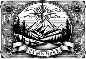 The word "HARK" as a banner with a mountain, compass and an airplane tattoo idea