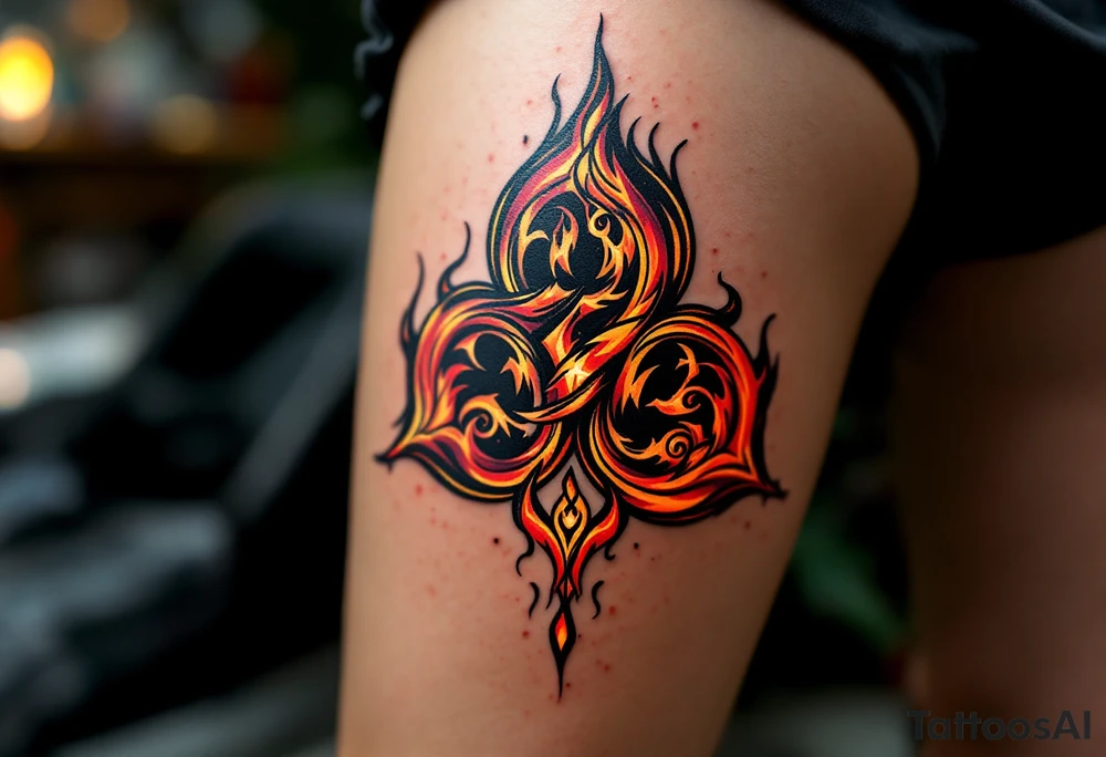 A bold, fiery triskelion with swirling flames in shades of orange, red, and yellow, symbolizing transformation, passion, and energy. The design can incorporate Celtic knotwork within the spirals for added depth. tattoo idea