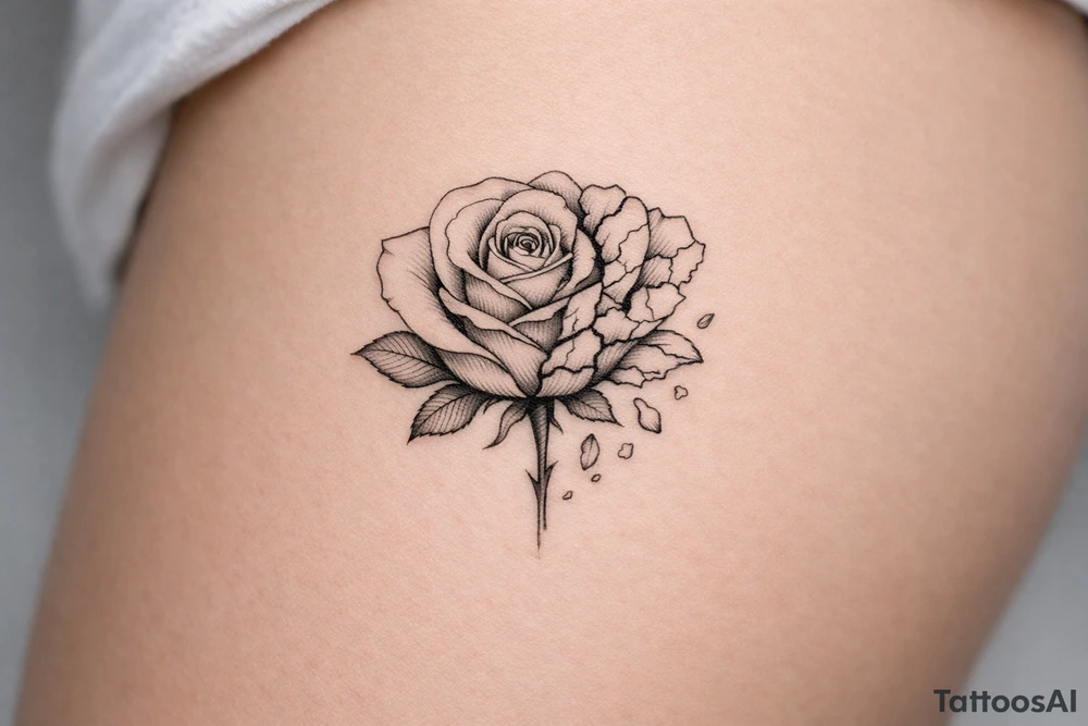 Close-up of a perfect rose morphing into a cracked, broken bloom. tattoo idea