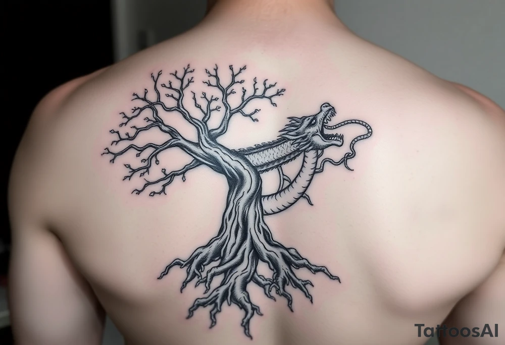 tree of life with roots absorbing a dragons tale while the dragon eats the top of the tree tattoo idea