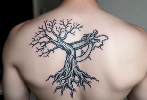 tree of life with roots absorbing a dragons tale while the dragon eats the top of the tree tattoo idea
