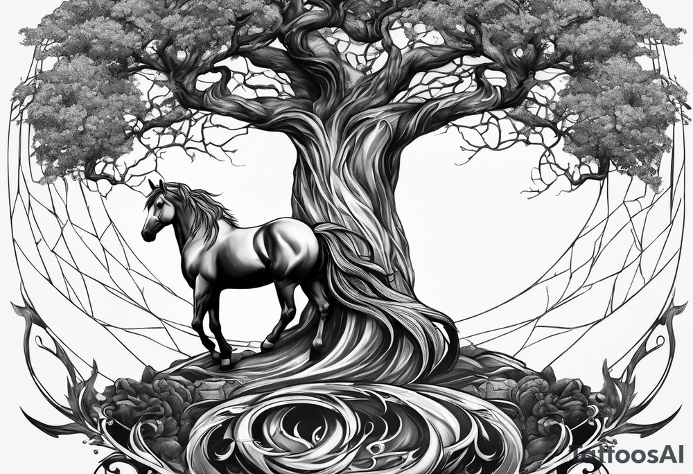 Realistic Horse and Yggdrasil tree tattoo idea