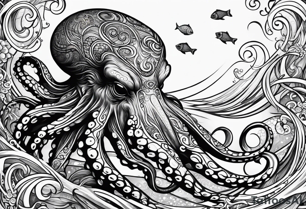 Tribal half sleeve octopus surrounded by ribbons of water waves filled with fish and a tribal sea turtle hidden in the lines of the head of the octopus tattoo idea