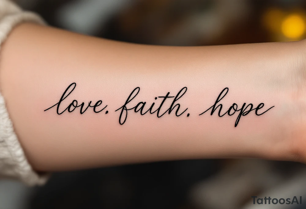 "Love, Faith, Hope" tattooed on the forearm in black serif font with thin gold underlines for emphasis. tattoo idea