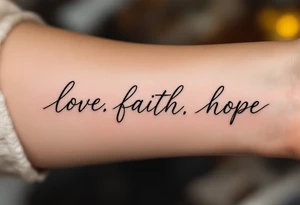 "Love, Faith, Hope" tattooed on the forearm in black serif font with thin gold underlines for emphasis. tattoo idea