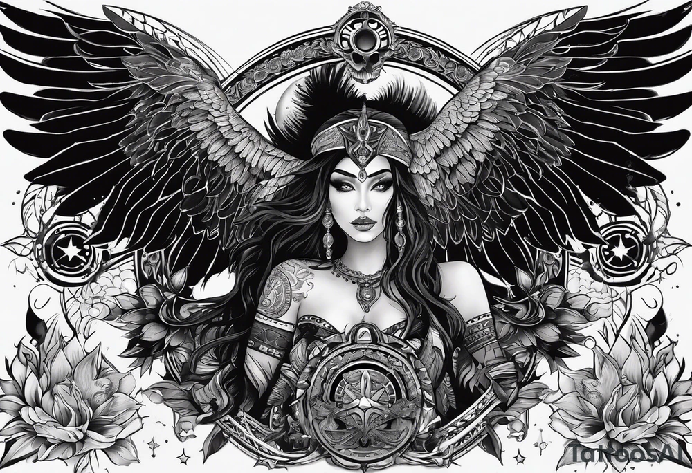 black kali, goddess pirate, alien, pachamama, valkrye, warrior, skull, lotus azul, wing, eagle, zenza resonance, stars, one side chest tattoo idea