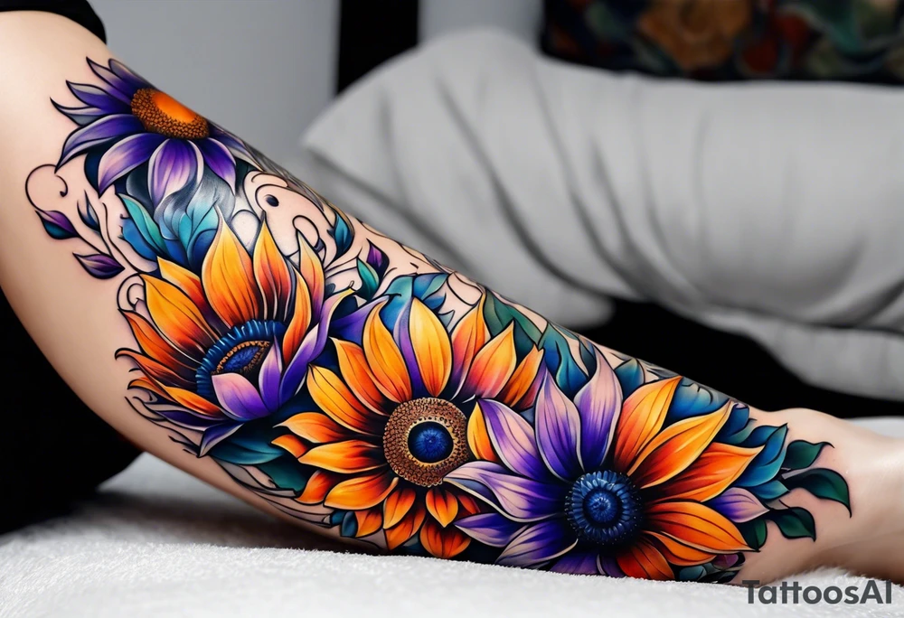 Full leg sleeve with purple, orange and blue sunflowers tattoo idea