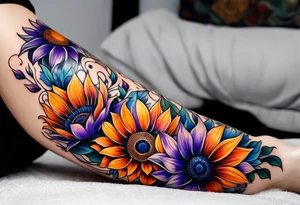 Full leg sleeve with purple, orange and blue sunflowers tattoo idea
