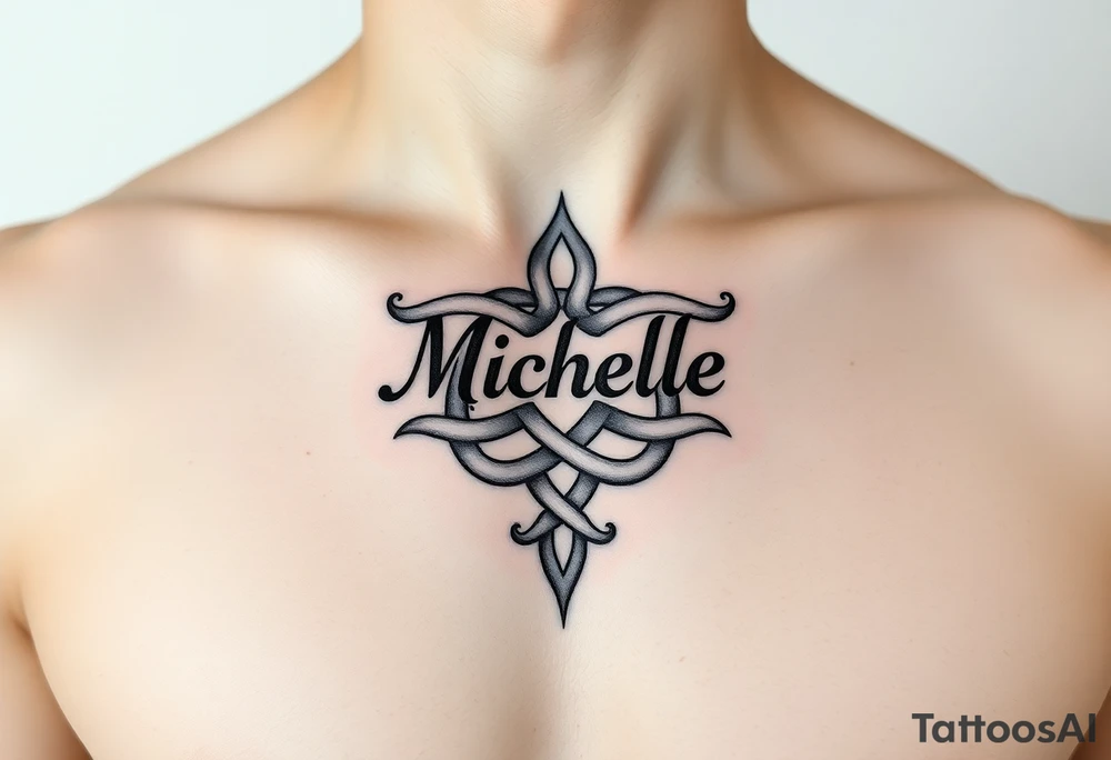Create a tattoo on a man’s chest if a woman’s name Michelle. Irish or Celtic theme knot tattoo idea