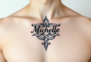 Create a tattoo on a man’s chest if a woman’s name Michelle. Irish or Celtic theme knot tattoo idea