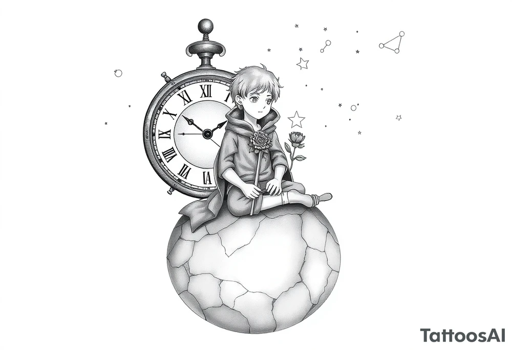 A reimagined masculine version of The Little Prince sitting on a cracked, floating planet. He has a calm, contemplative expression, wearing a slightly worn cloak with geometric markings. Behind him floats a broken clock with exposed gears, representing anxiety and overthinking. Instead of a rose, a flower wraps around a sword stuck into the ground—symbolizing love and emotional struggle. A glowing star burns in his chest, symbolizing inner strength and controlled passion. Around him are small floating fragments, like puzzle pieces or mechanical parts—representing deep thought and attention to detail. The sky shows incomplete constellations, symbolizing the search for connection and meaning. Style: fine line with surrealist touches, black and grey, minimalist shading. tattoo idea
