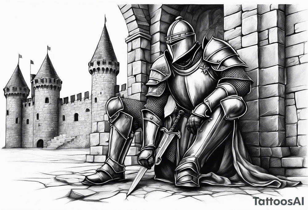 Wounded knight on his two knees in front of castle tattoo idea