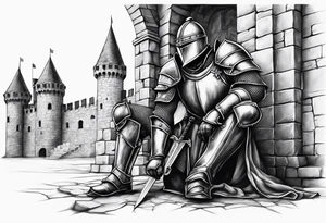 Wounded knight on his two knees in front of castle tattoo idea