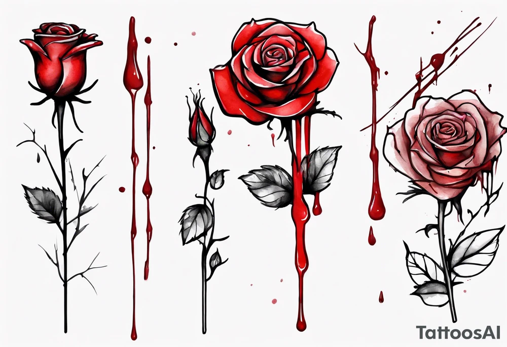 rose flower, one line, red blood dripping from the flower, tall, watercolor, with a t 
placed in the bottom half, simple tattoo idea