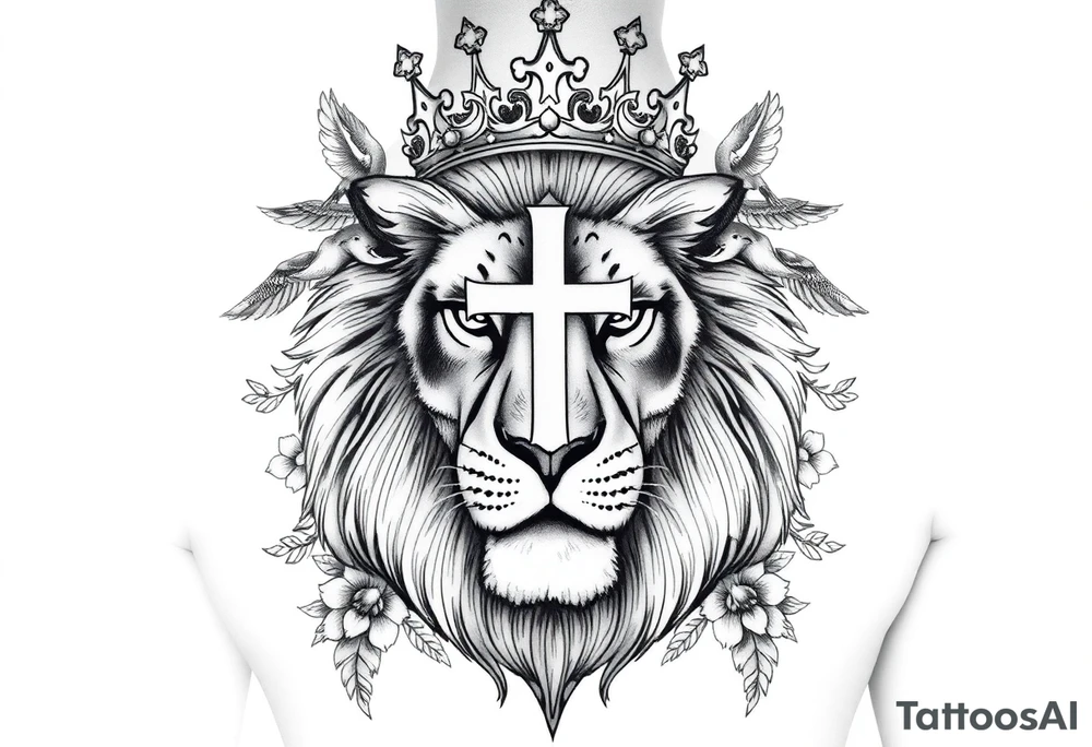powerful majestic lion with a King crown, surrounded by floral oranaments and birds with a cross brought to backwards to seemingly fit and match. For the cross: the cross must be ion the middle of the crown lion through it's in the background (brounght backwards) but the horintal and vertical points can be seen outside thr crown lion tattoo idea