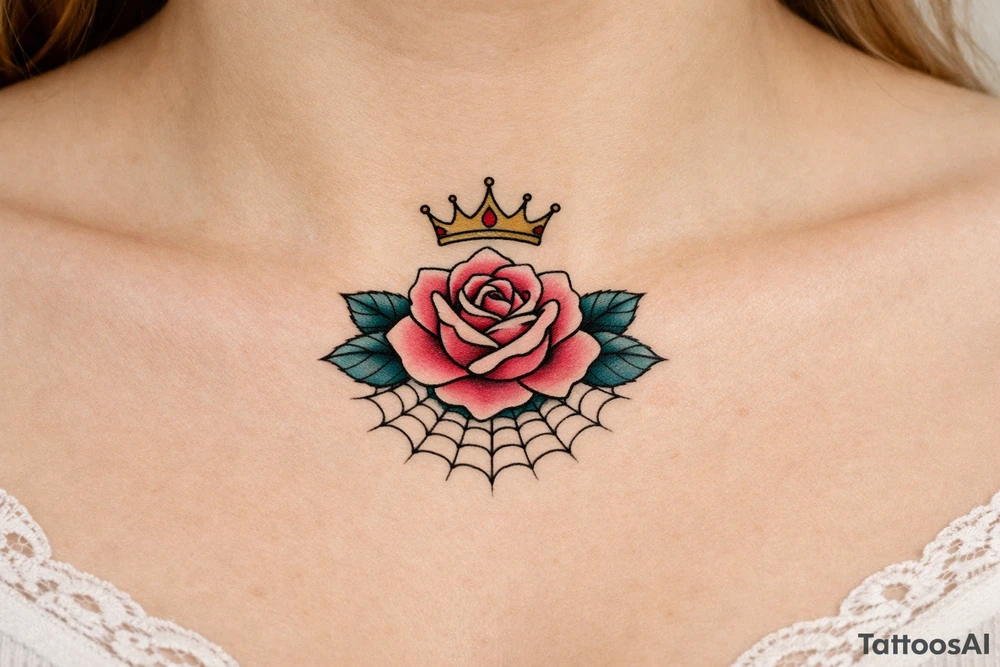 Pink and petrol rose , petrol leaves no stem, minimalist crown above it, spider web beneath tattoo idea