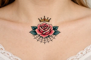 Pink and petrol rose , petrol leaves no stem, minimalist crown above it, spider web beneath tattoo idea