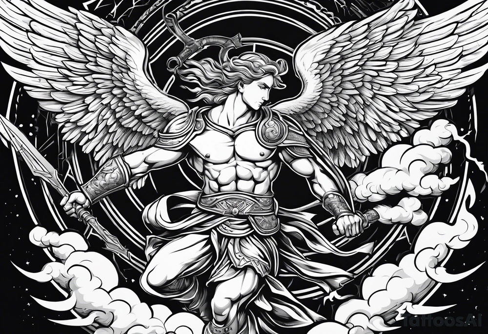 archangel Michael beating Lucifer in a fight with the background being clouds and lightning tattoo idea
