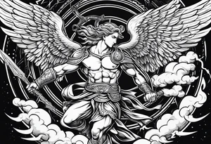 archangel Michael beating Lucifer in a fight with the background being clouds and lightning tattoo idea