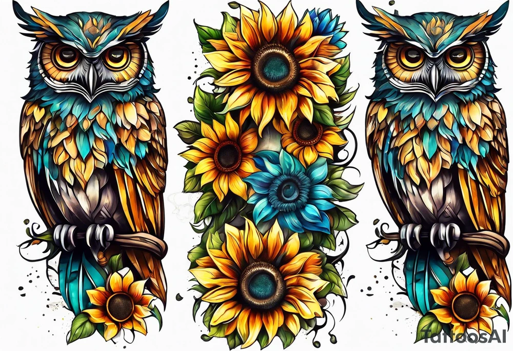 Leg sleeve with colorful sunflowers and an owl tattoo idea