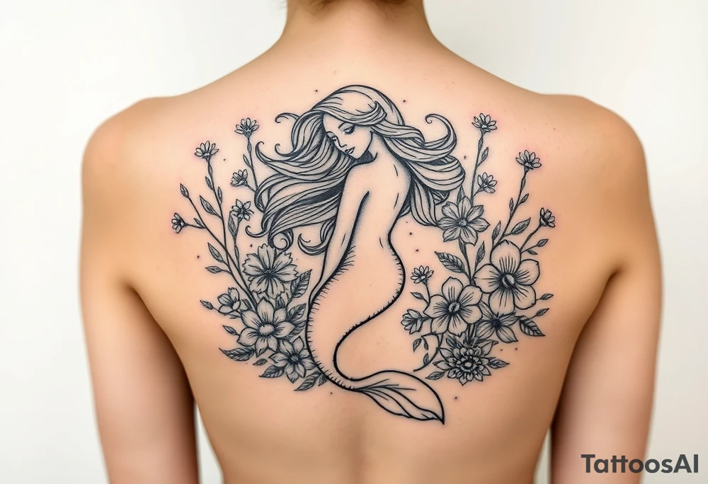 ethereal mermaid with flowing hair among coral and sea flowers tattoo idea