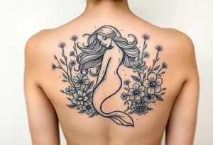 ethereal mermaid with flowing hair among coral and sea flowers tattoo idea