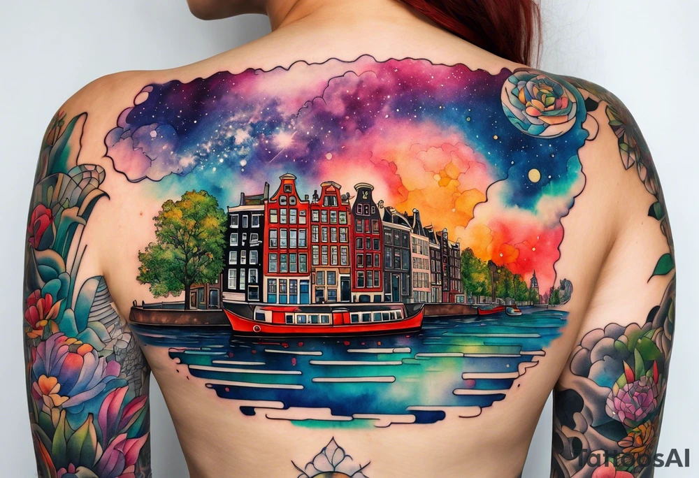 Tattoo of glass animals in Amsterdam buildings and canal featuring glass and colours of galaxy and universe colours tattoo idea