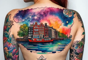 Tattoo of glass animals in Amsterdam buildings and canal featuring glass and colours of galaxy and universe colours tattoo idea