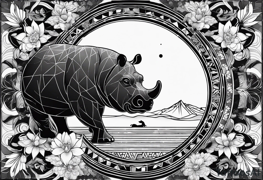 Very asymmetrical, +geometric pattern, with realistic full moon, with seeious looking hippo, +zen feel, + Buddhism touch, +tribal, +geometric
with wintersweet flower bud, +portrait orientation, +inkart touch, tattoo idea