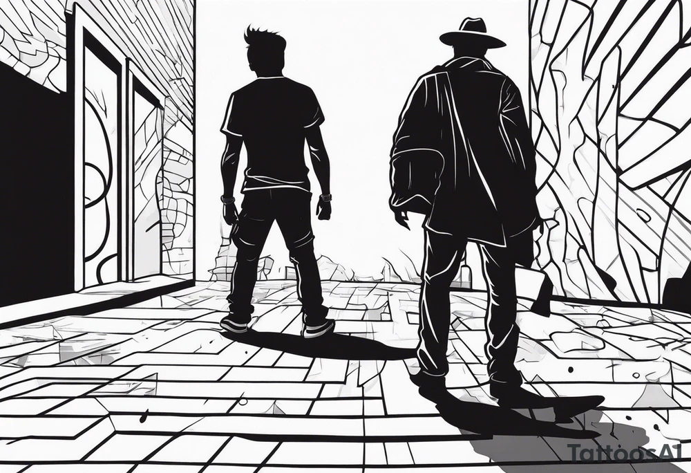 2 Black shadows of people standing over 2 wounded black shadows of people tattoo idea
