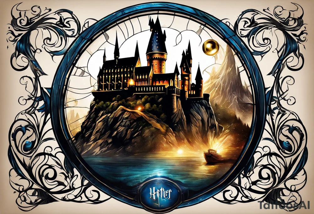 Harry Potter themed full sleeve. Include the Hogwarts castle, a golden snitch, and the Ravenclaw house crest tattoo idea