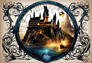 Harry Potter themed full sleeve. Include the Hogwarts castle, a golden snitch, and the Ravenclaw house crest tattoo idea