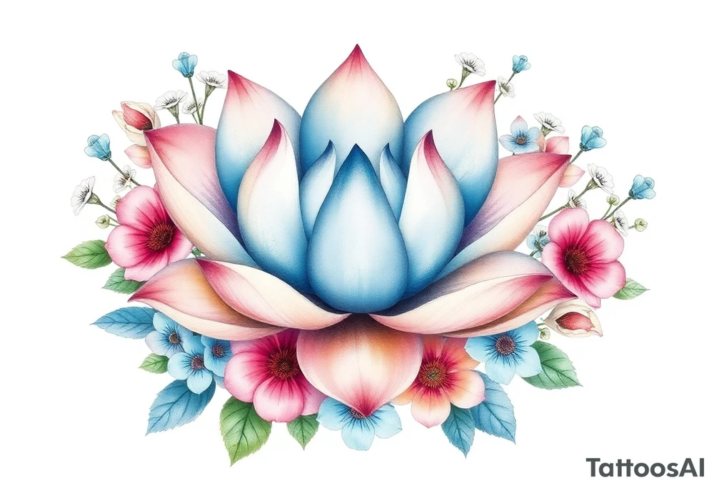 Lotus flower surrounded by forget me nots and peonies tattoo idea