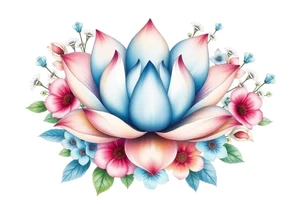 Lotus flower surrounded by forget me nots and peonies tattoo idea