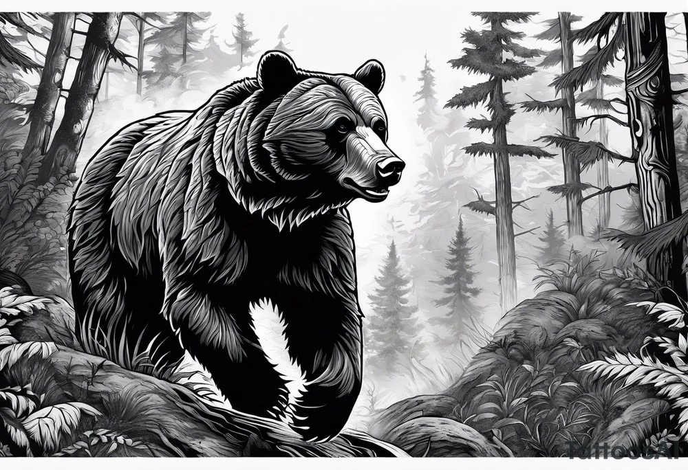 Bear growling face first in a cloudy forest. With fierce warriors in the background. Make the picture very detailed and smoke in the back creating a trail effect tattoo idea