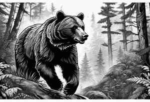 Bear growling face first in a cloudy forest. With fierce warriors in the background. Make the picture very detailed and smoke in the back creating a trail effect tattoo idea
