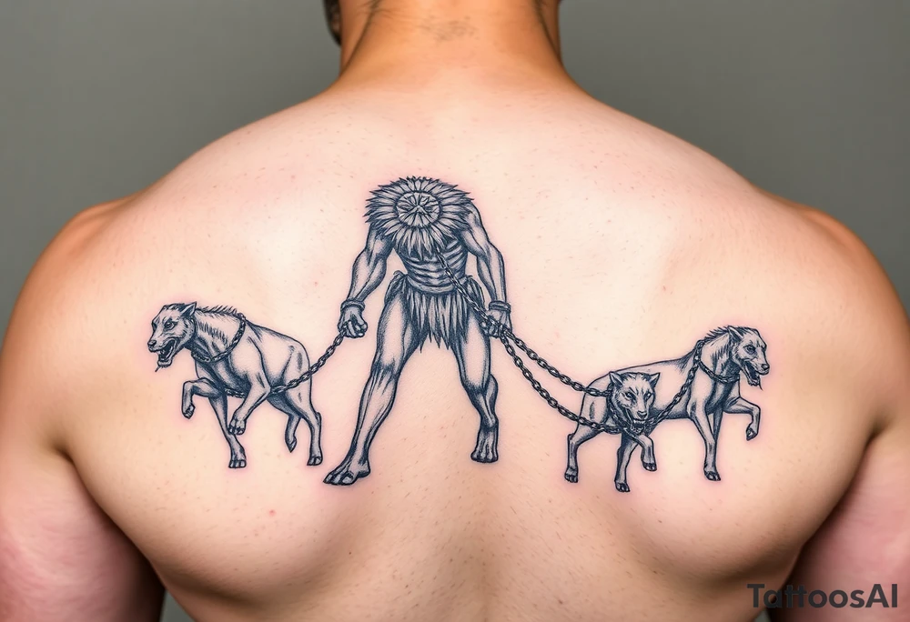 A giant walking with animals that are chained up tattoo idea