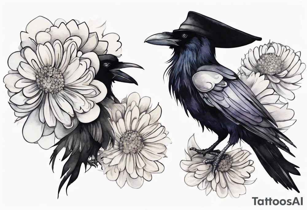 a raven wearing a white chrysanthemum hat tattoo idea