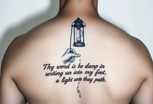 Someone holding a lantern to light up a road with the text: "Thy word is a lamp unto my feet a light unto my path." tattoo idea