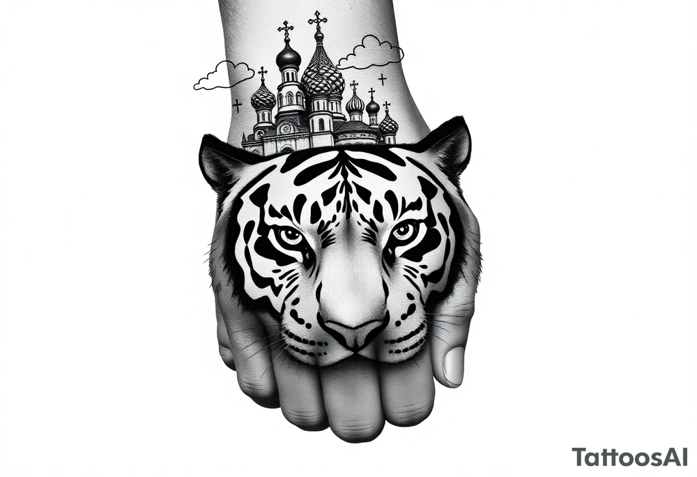 Realistic tiger face on the back of the hand with strong contrast and fine detail with hollow black eyes. with a highly detailed Russian Orthodox cathedral sitting above on fore arm with onion domes and orthodox crosses, done in fine line, engraving-like style. Cohesive composition, black ink only, no color, high contrast, slightly aged, documentary-style, plain light background. with clouds above and a virgin mary tattoo idea